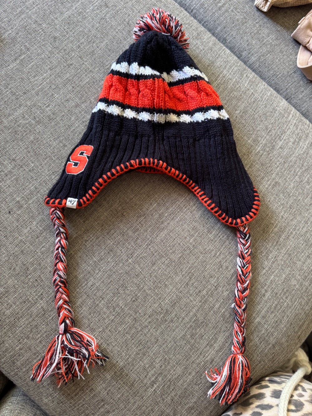 47 Brand Syracuse Earflap Pom Beanie in Navy Blue and Orange